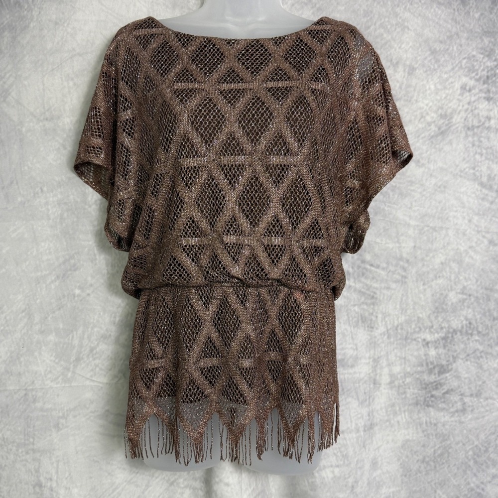 Vtg Y2K Bronze Metallic Fringe Top Sz S festival Fairy Grunge western indie Boho